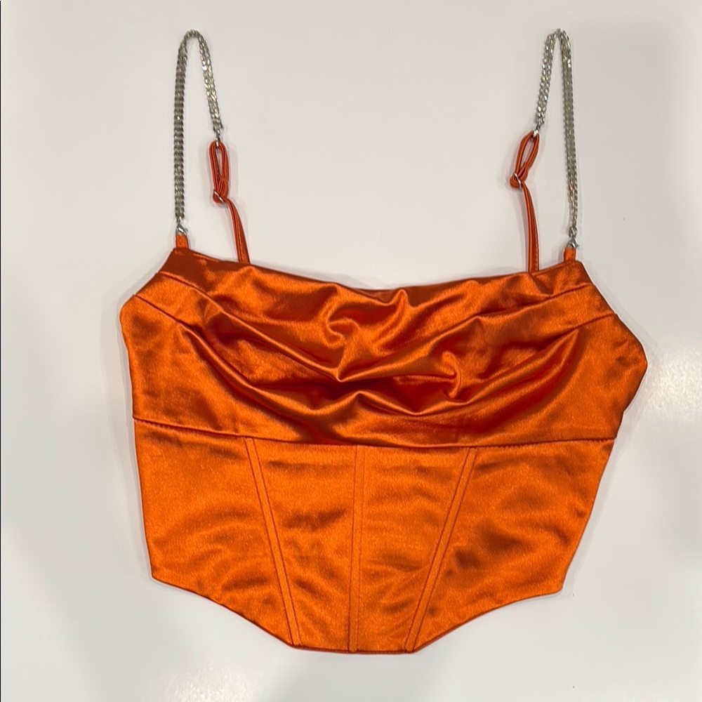 ✨Like New✨Satin Sexy Burnt Orange Rhinestone Chain Strap Corset Style Crop Top